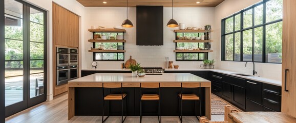 Modern Kitchen with Island, Open Shelving, and Natural Light