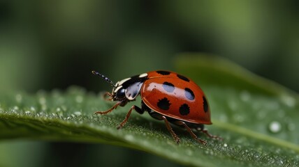 Naklejka premium A ladybug with black spots on its red shell crawls on a green leaf.