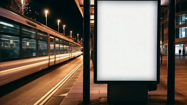 Night City Large Blank Billboard on Busy Street with Moving Bus, Ideal for Advertisement, Modern Urban Setting, Dynamic Lighting, Ready for Creative Design, Potential for Branding