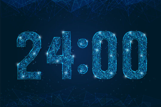 Abstract isolated blue image of C24 00 o clock , twelve am - pm. Polygonal low poly wireframe illustration looks like stars in the black night sky. Digital clock closeup display.