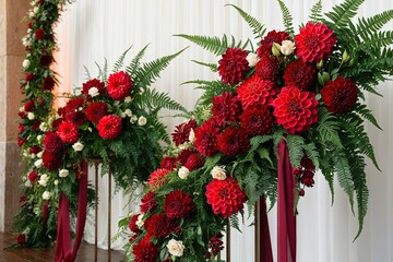 Fototapeta premium Lush Floral Cascade with Red Dahlias and Ferns for Elegant Event Decor and Invitations