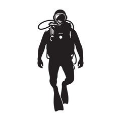 Person in scuba gear vector Silhouette art black color design and solid white background