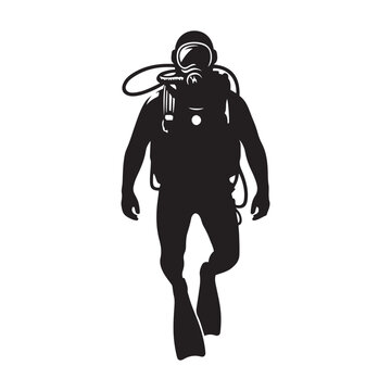 recommend clip art: Person in scuba gear vector Silhouette art black color design and solid white background