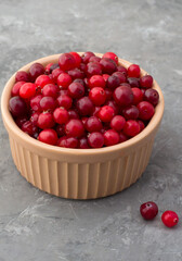 Cranberry in a ceramic bowl on a dark background, close up.
