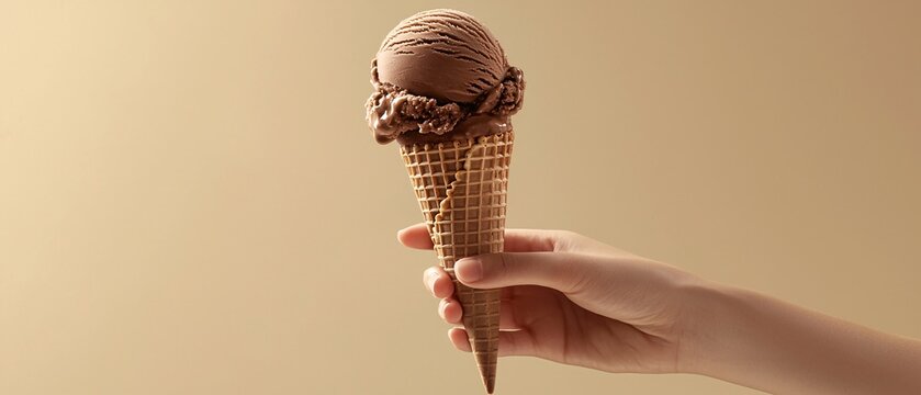A delicious chocolate ice cream cone held by a hand against a soft, neutral background, perfect for capturing the joy of sweet treats.