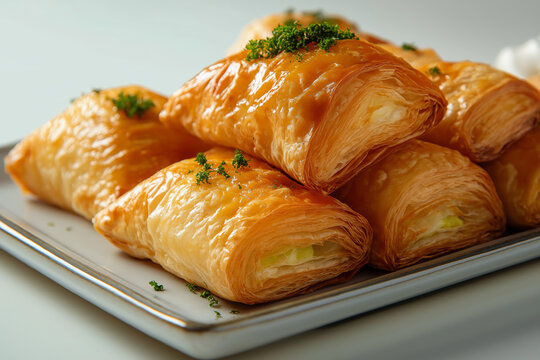 Golden Maltese Pastizzi with Flaky Phyllo Pastry and Cheese Filling Garnished with Fresh Parsley