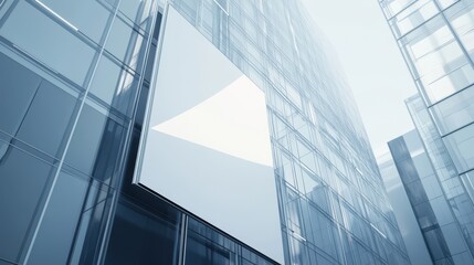 Blank billboard sign mockup on a sleek glass building with sky reflections