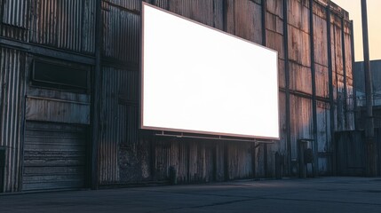 Obraz premium Mockup of a blank billboard sign on rusted metal warehouse walls soft light