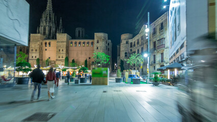 Fast walk through narrow street in the Old Town timelapse hyperlapse, Barcelona. Gothic district illuminated at night