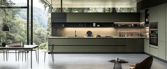 Modern Kitchen with Green Cabinets and a View of Lush Greenery