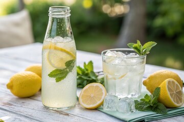 Fototapeta premium A clear glass filled with lemonade garnished with mint and lemon slices rests on a table.