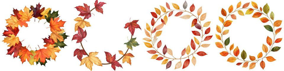 Fototapeta premium Thanksgiving watercolor concept. Autumn leaf wreaths in vibrant colors for seasonal decor