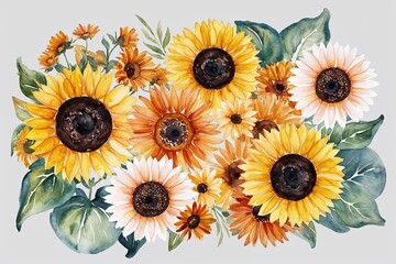 Golden Sunflowers and Amber Daisies in Watercolor Floral Arrangement on Clear Background