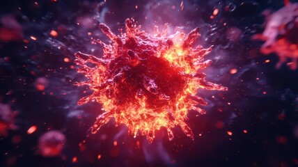 Cancer and toxin relevance. A vibrant, abstract depiction of a glowing toxic virus, showcasing intricate details and vivid colors against a dark background.