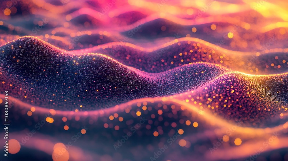 Poster Abstract background with pink and orange waves and glowing particles.