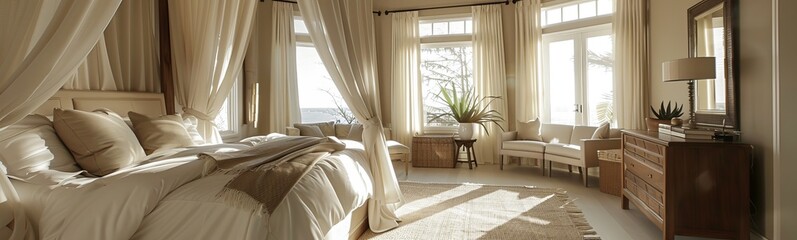 Fototapeta premium A luxurious bedroom with a canopy bed and large windows, sunlight streams through the sheer curtains, creating a warm and inviting atmosphere.