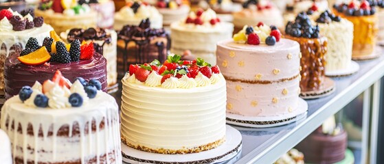 A vibrant display of assorted cakes adorned with fresh fruits and decorative icing, showcasing exquisite baking artistry in a pastry shop.