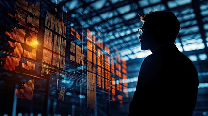 cybersecurity breach monitoring concept Masked hacker silhouette with glitchy data overlay reflecting stolen passwords copy space theme the faceless enemy ethereal Overlay abandoned warehouse