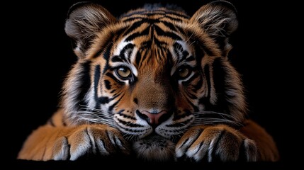 Fototapeta premium A close-up portrait of a tiger cub with bright eyes staring intensely at the camera, set against a dark background.