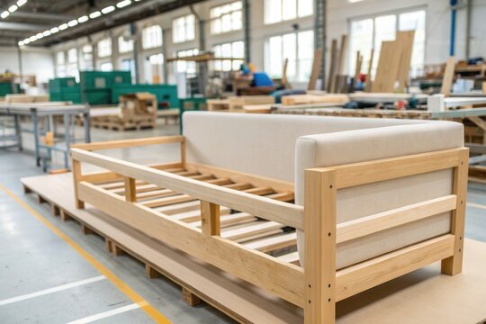 A wooden sofa frame being built in a large woodworking factory filled with materials.