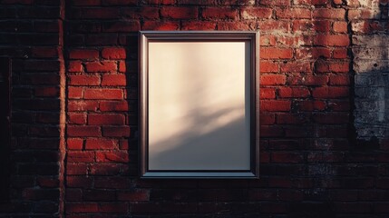 Vertical blank frame mockup on brick wall silver frame reflects softly