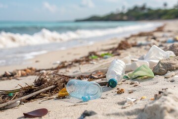 Debris and plastic bottles scatter along a sandy beach, reflecting environmental pollution issues.
