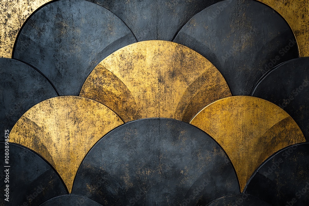 Poster Abstract black and gold pattern with round shapes resembling scales.