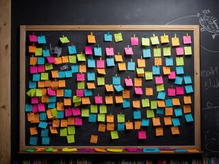 Closeup of a teacher's blackboard with colorful chalk drawings and notes
