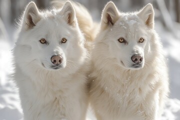 Obraz premium Two Arctic wolves stand in the snow, showcasing their adaptation to cold climates