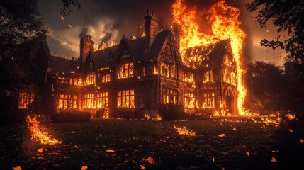 Ablaze mansion flames high debris falls sky glows red-orange
