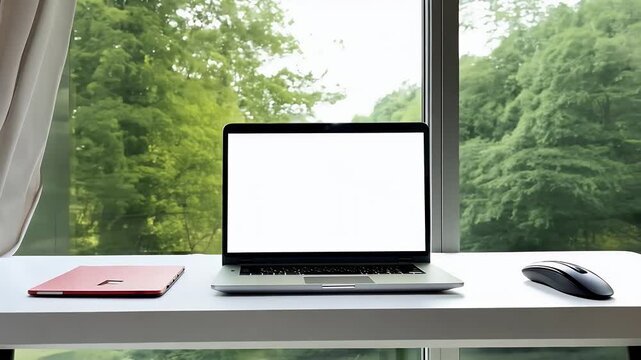 set home eco office background trees swaying wind captured 4K notebook computer nature industrial open display loft workspace factory workplace brick wall business wooden interior monitor smartphone
