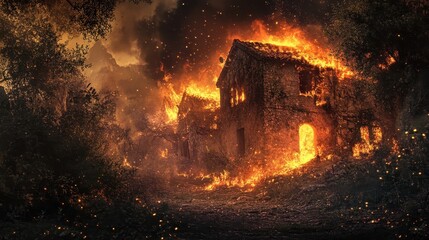 Fototapeta premium Burning house roof and walls ablaze sparks fill sky trees glow