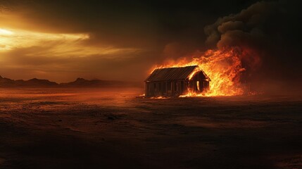Night fire desert shack aflame light reflects smoke swirls in sky
