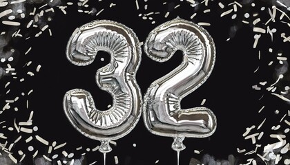 Fototapeta premium Silver birthday / anniversary balloon, number 32, black background with confetti