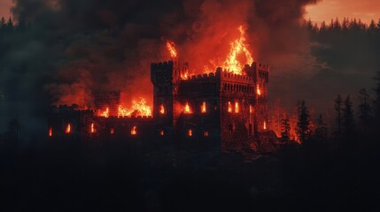 Castle fire wooden beams burn battlements shadowed smoke rises