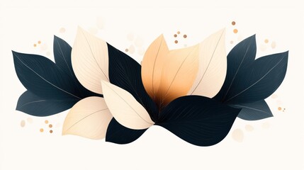Abstract illustration of overlapping dark blue and beige leaves with orange accents on a light background, featuring a modern and elegant design.