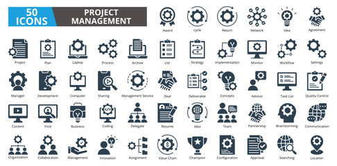 Project management icon collection set. Containing planning,scheduling,leadership,project,management,goals,target,management icon. Simple glyph vector