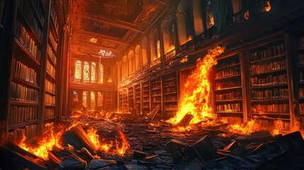 Obraz premium Books ignite in abandoned library fire bright cracked windows shadowed