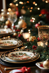 A Beautifully Set Christmas Table Adorned With Festive Decorations, Elegant Dishes, and Twinkling Lights for a Joyful Holiday Gathering