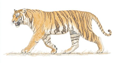 Obraz premium Realistic Illustration of a Striding Tiger in Natural Habitat with Detailed Fur Patterns and Captivating Orange and Black Stripes for Nature and Wildlife Projects