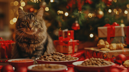 Cat and a lot of cat food and toys under decorated Christmas tree. Perfect gift for xmas holidays for beloved pet. 