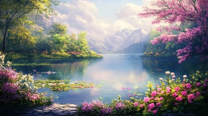 Serene Mountain Lake with Blooming Flowers