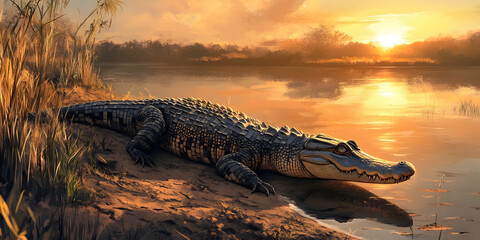 Crocodile at Sunset by the Lake
