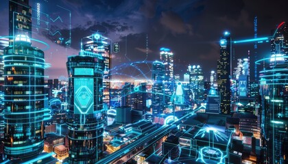 Neon blue and holographic designs dominate this night cityscape, casting a high-tech glow over an urban landscape charged with futuristic innovation..