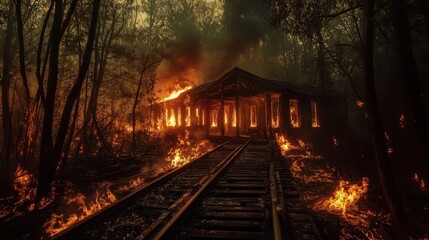 Naklejka premium Fire consumes station platform bright trees shadowed embers drift