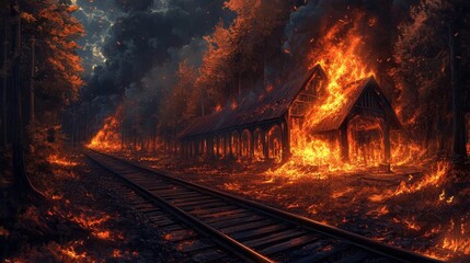 Naklejka premium Station burns shadows deep flames light forest embers float skyward