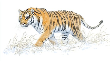 Fototapeta premium Realistic Illustration of a Majestic Tiger Walking Gracefully Through a Snowy Landscape Surrounded by Tall Grass, Capturing the Beauty of Wildlife in Nature