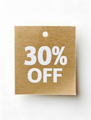 White '30% OFF' Text on a Light Brown Square Paper Note. White Background 