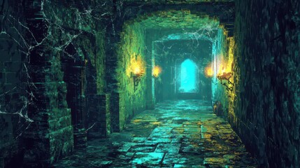 Obraz premium Pixel dungeon blue light glows cobwebs hang torches light stone walls