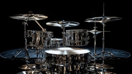 Obraz premium Gleaming chrome drum set is illuminated by stage lights against a dark backdrop, creating a dramatic scene that evokes the energy of a rock concert, jazz performance, or studio recording session